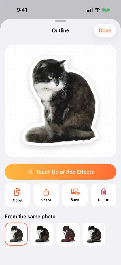 The cat&rsquo;s Outline sticker on its own page, with Touch Up or Add Effects, Copy, Share, Save and Delete.