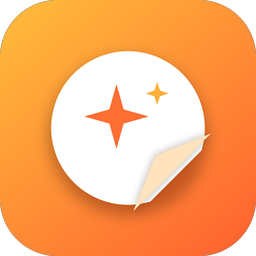 The Stickify app icon: a white round sticker with orange sparkles and a peeling corner, on an amber-to-orange background.